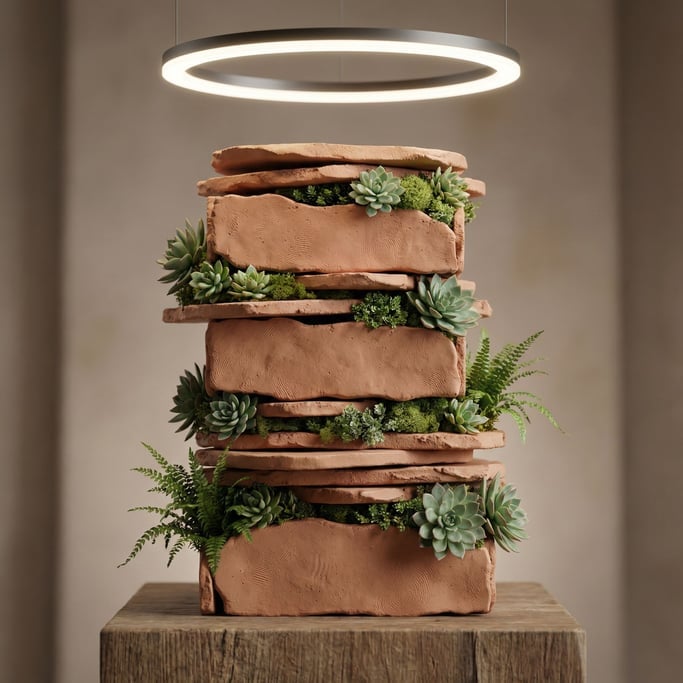 A stack of thin stone slabs with plants growing between each layer (uqei)