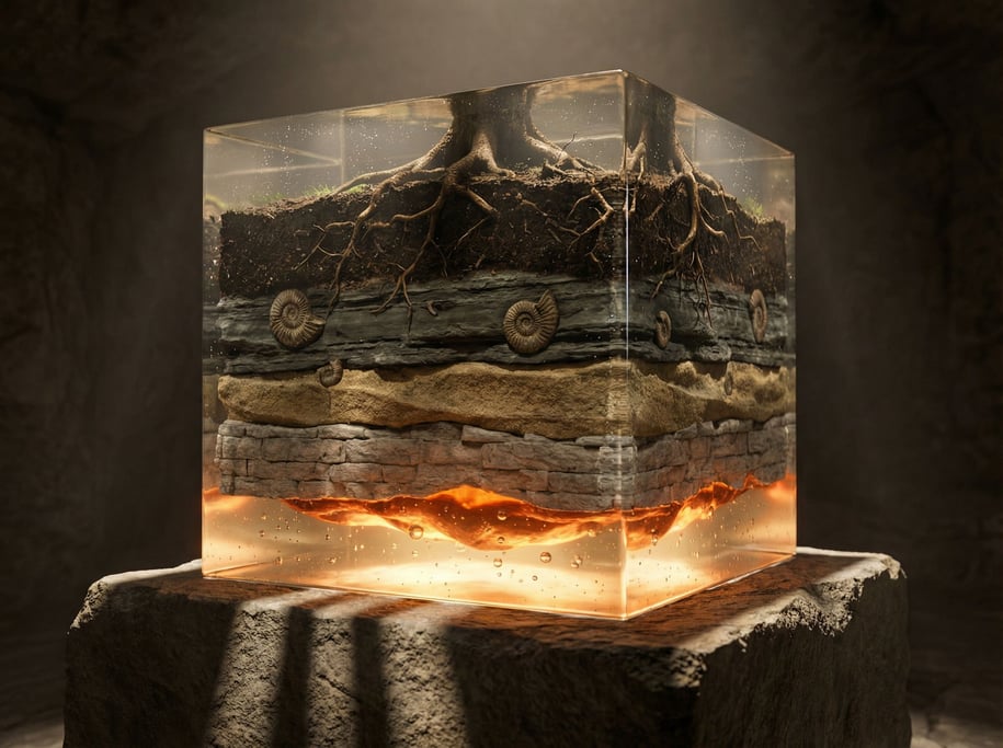 Cross-section of underground geological layers, soil and roots on top, rock strata, fossils (rsvlx397)