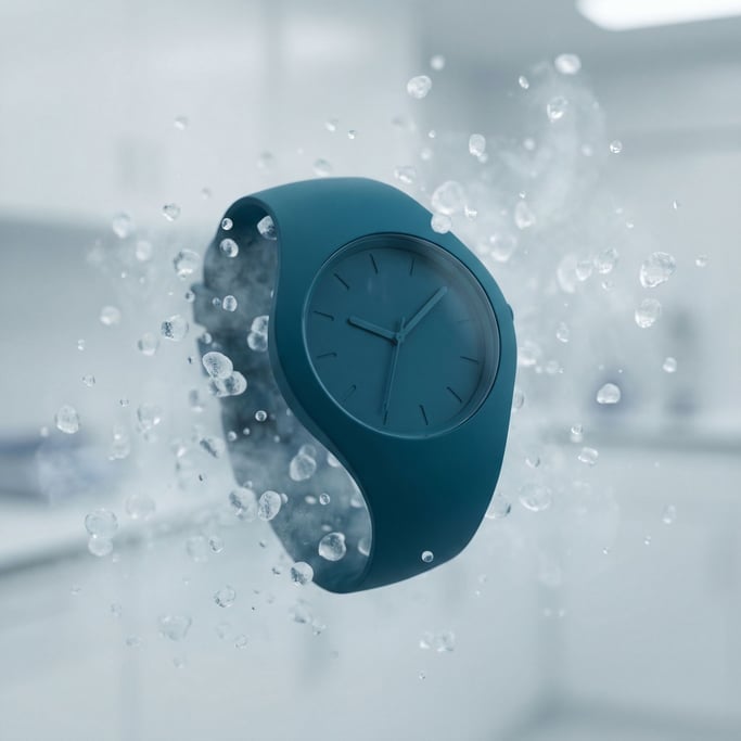 A wristwatch suspended among frozen water droplets, time stopped literally and figuratively (dobhep0z)