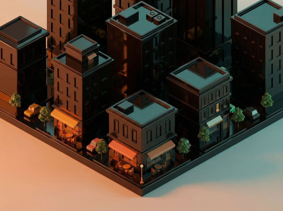 Isometric city block with cafes, trees, and tiny vehicles, warm toy-like scale, afternoon shadows (l6cf42jx)