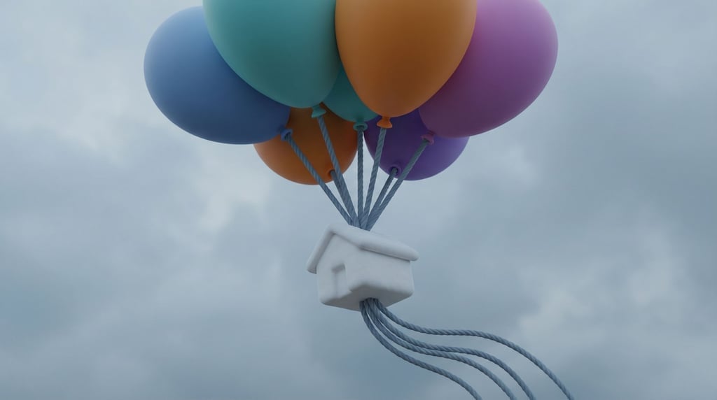 A cluster of balloons carrying a small white house upward, strings trailing below, whimsical ascent (vc2juqb)