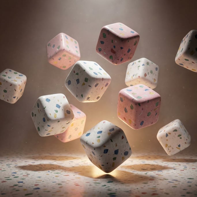 A cluster of soft rounded cubes floating in mid-air, scattered like dice frozen mid-throw (qwtn8ckv)