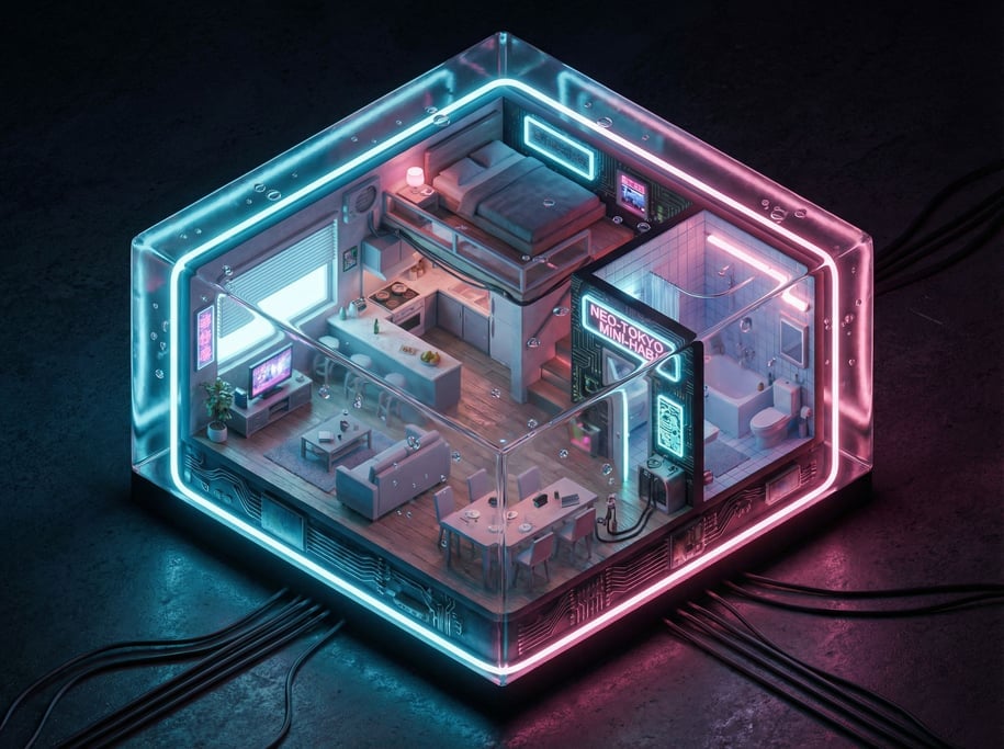 Isometric tiny apartment interior, every room visible from above (mhui09g)