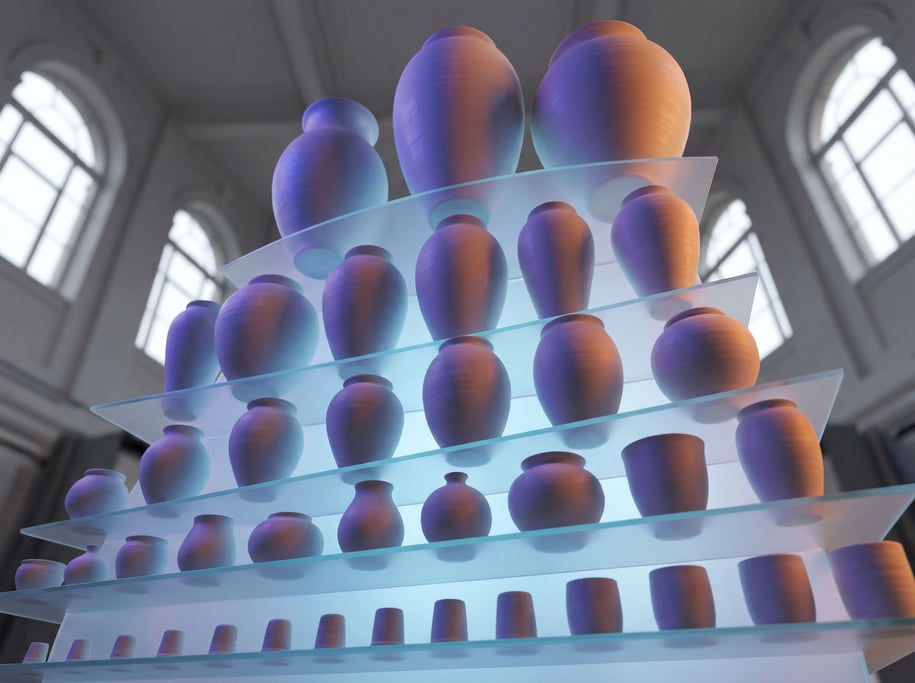 Ceramic vessels in varying sizes arranged on ascending shelves, a gradient from tiny to large (1oueuc6b)