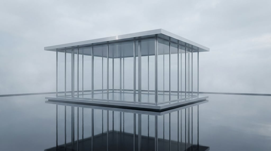 A modernist glass pavilion sitting in a perfectly still reflecting pool, minimal and serene (7uec2ph)