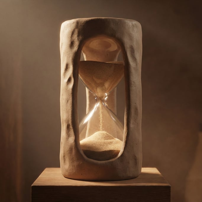 Sand flowing through an hourglass, each grain individually visible, time made tangible (6qdvby7y)