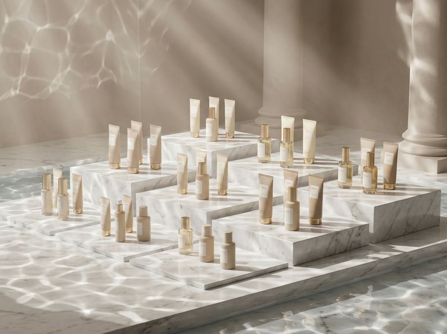 Cosmetic tubes and bottles arranged in a precise grid on stepped marble platforms, premium feel (2n7dodlw)