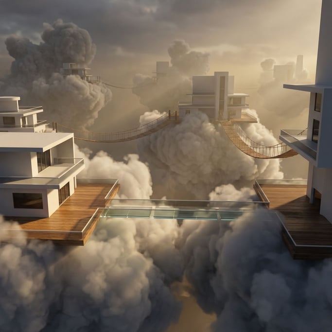 A city built on clouds, white modernist buildings perched on cumulus formations (ldncfzl1)