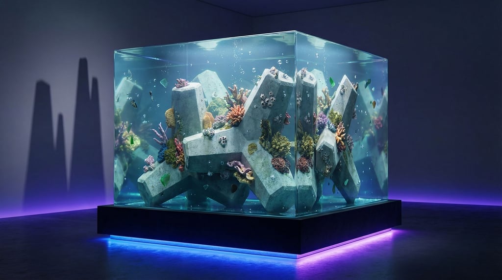 Coral formations growing on submerged geometric concrete blocks, organic reclaiming angular (16enlpg)