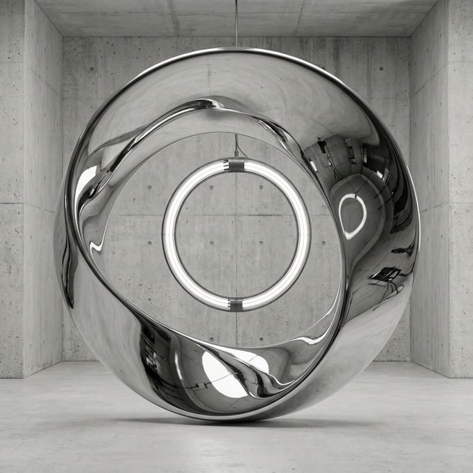 A Mobius strip made of polished chrome, twisted surface catching environmental reflections (xhbvgpw)