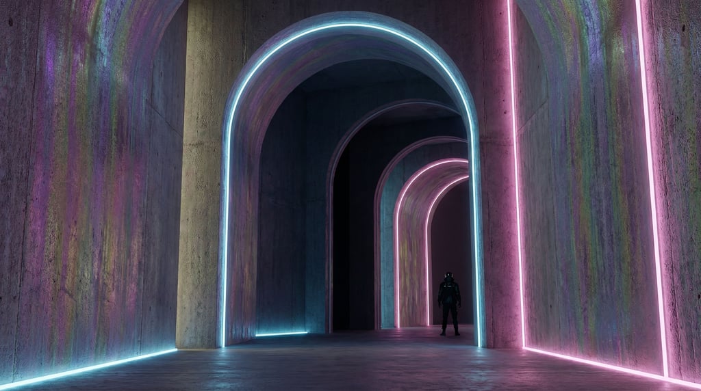 A brutalist concrete interior with dramatic arched doorways receding into shadow, monumental scale (5xst9wcw)