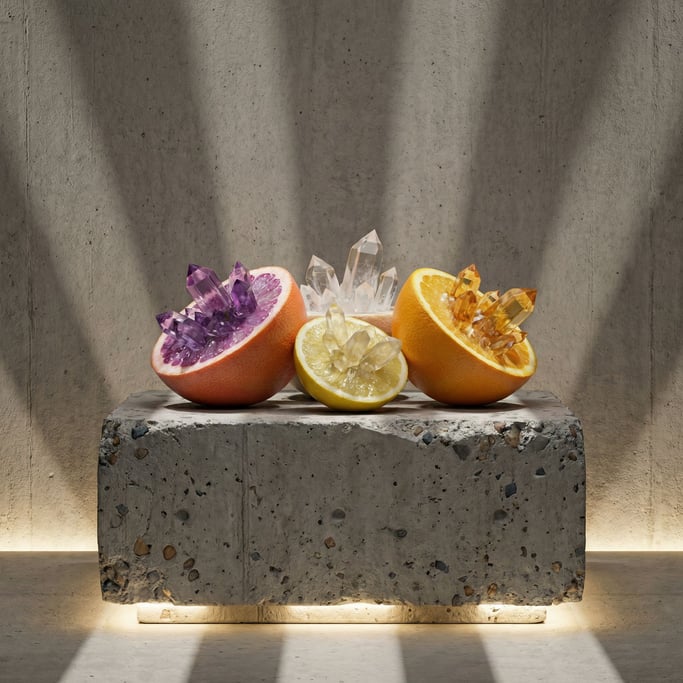 Fruits sliced in half revealing geometric crystal interiors instead of seeds and flesh (z)