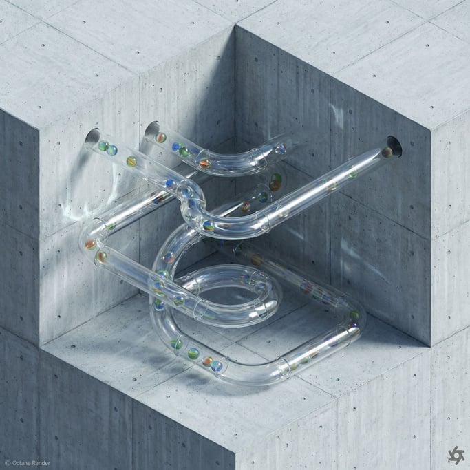 Glass marbles rolling through a transparent tube marble run, refraction and caustics everywhere (0klgjrb6)