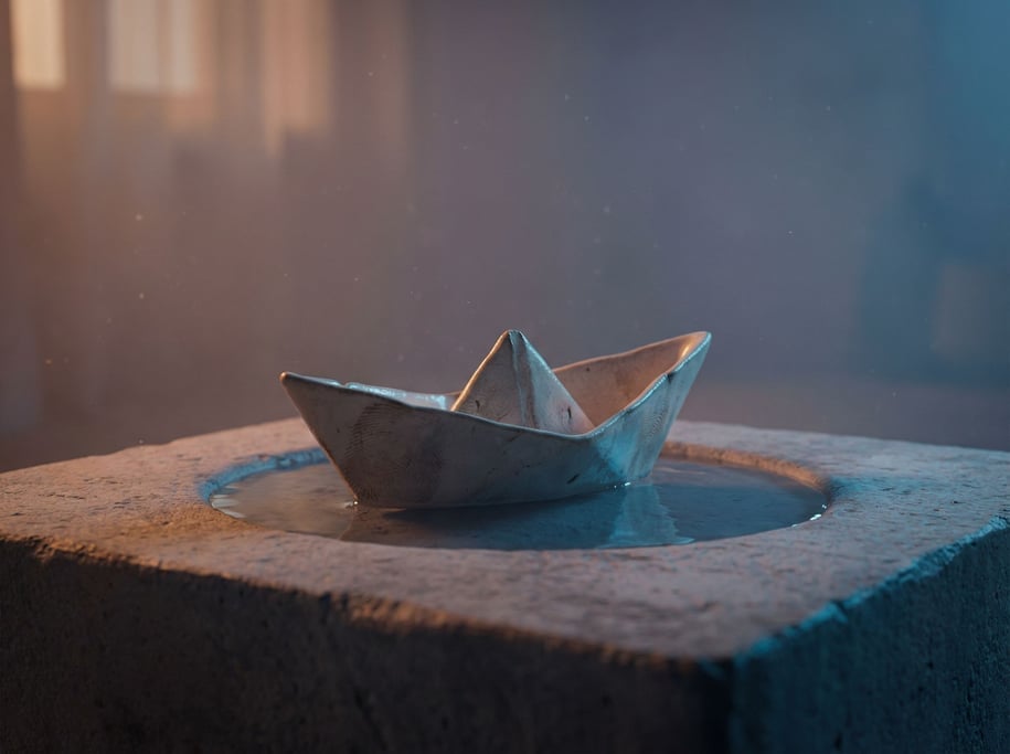 A paper boat floating on a small pool of still water on a concrete surface, tiny and contemplative (apiuuwwy)