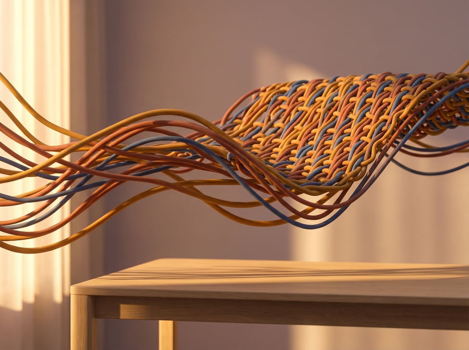 Threads weaving themselves into fabric in real-time, the loom invisible (pkrshhqw)