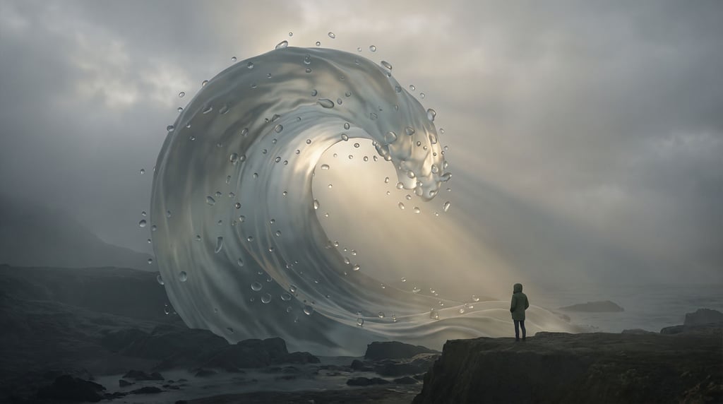 A wave frozen at the moment of breaking, every individual droplet rendered, massive scale and detail (j18sued2)