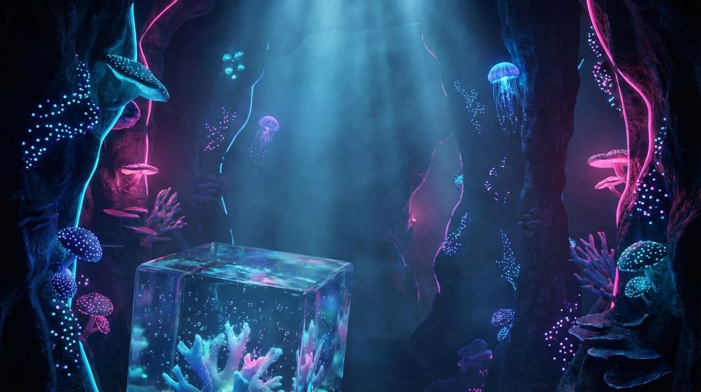 Underwater cave scene, bioluminescent organisms dotting the walls (alldjxpn)