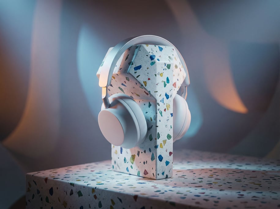 Minimalist headphones resting on a geometric concrete stand, product showcase with precise placement (dgedpnc6)