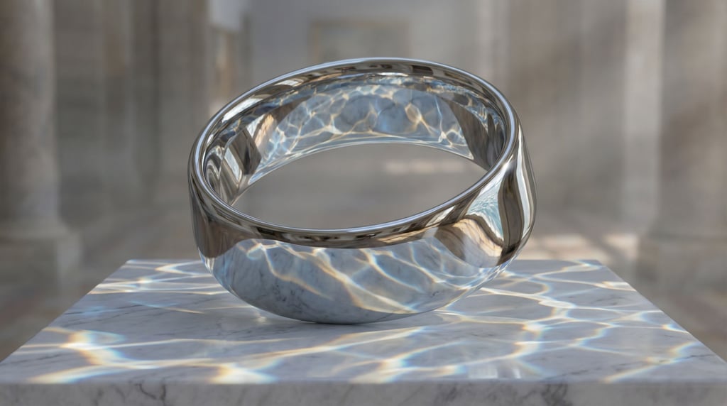A Mobius strip made of polished chrome, twisted surface catching environmental reflections (xfq30ubf)