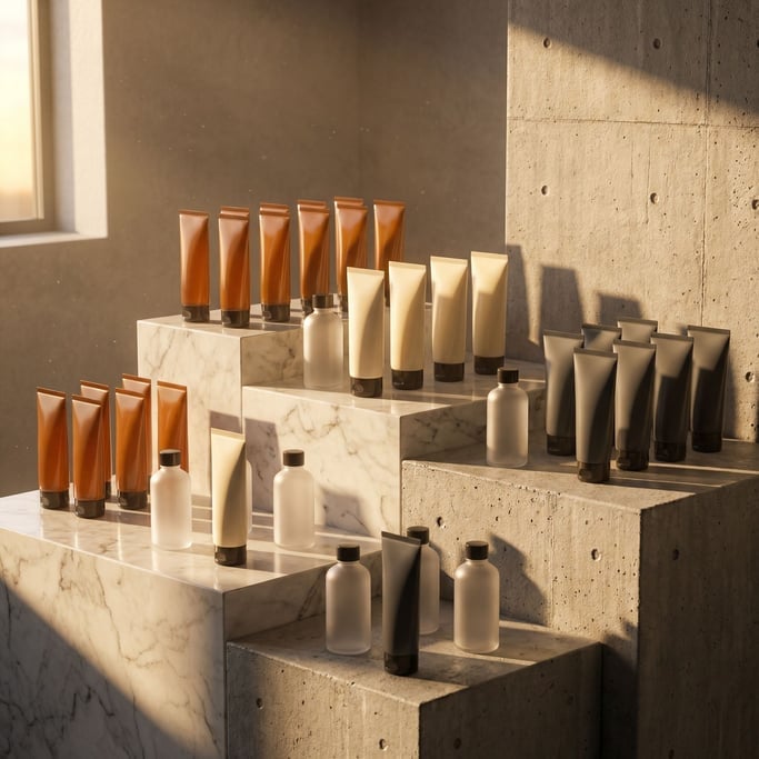 Cosmetic tubes and bottles arranged in a precise grid on stepped marble platforms, premium feel (bakxrmop)