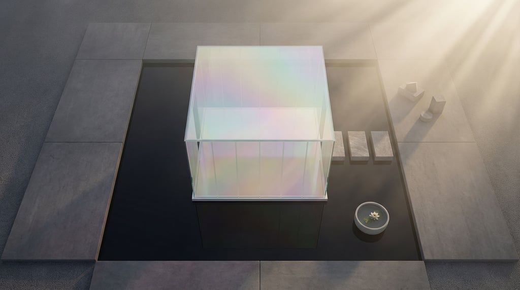 A modernist glass pavilion sitting in a perfectly still reflecting pool, minimal and serene (gtomn9qw)