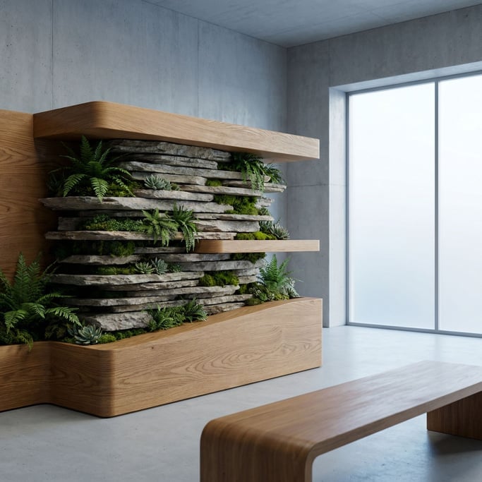 A stack of thin stone slabs with plants growing between each layer (c5jnfpfx)