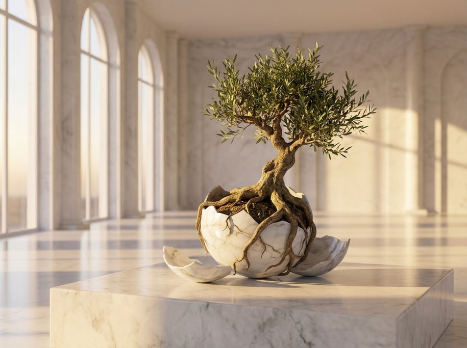 A tree growing from a cracked porcelain sphere, roots wrapping around the broken shell (fnv)