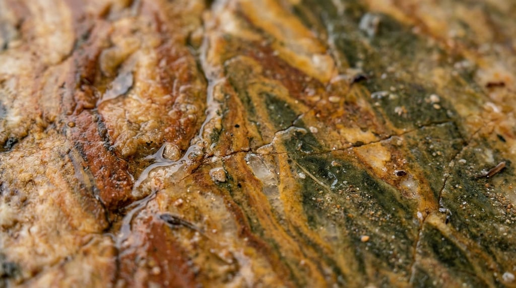 Wet marble surface with water pooling in natural veins and cracks, overhead view