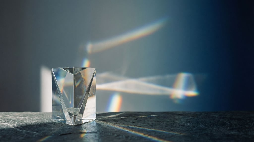 Light refracting through a crystal prism, rainbow caustics scattered across a dark surface (lxl7gjei)