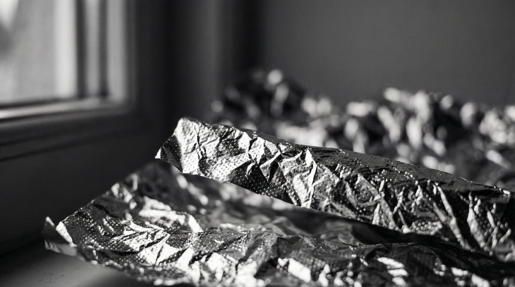 Crumpled metallic foil catching soft directional light, tiny mountains of micro-reflections