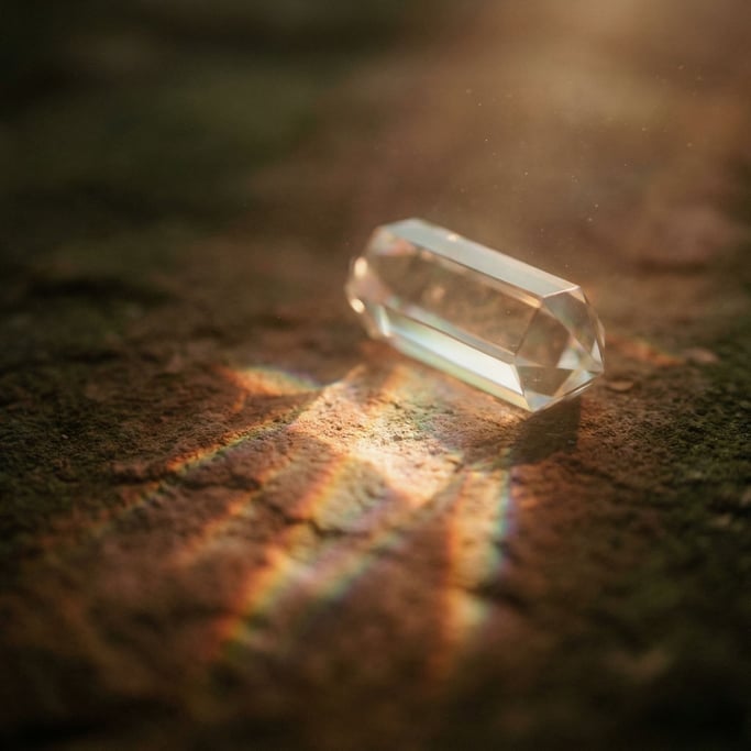 Light refracting through a crystal prism, rainbow caustics scattered across a dark surface