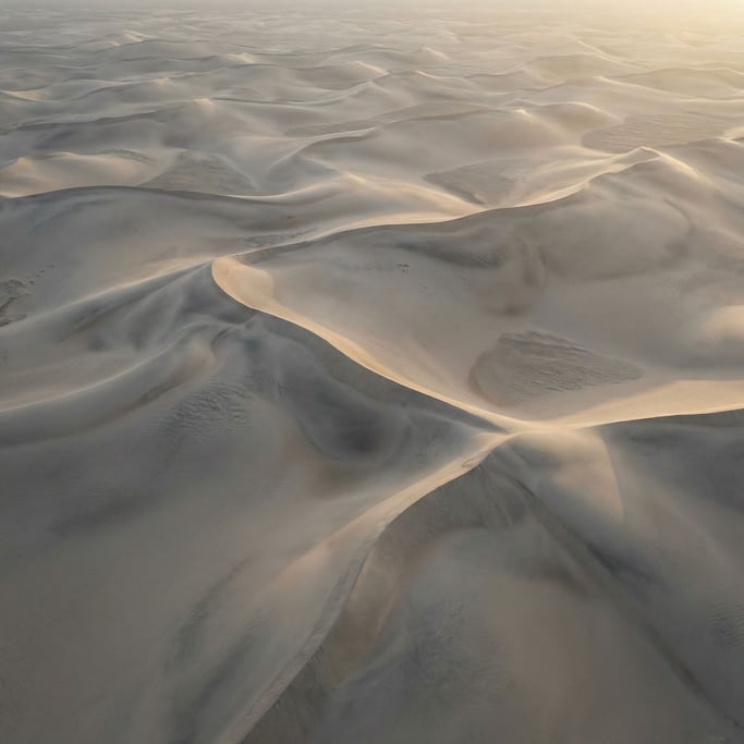 Sand dunes seen from above, abstract curves and soft shadows at golden hour