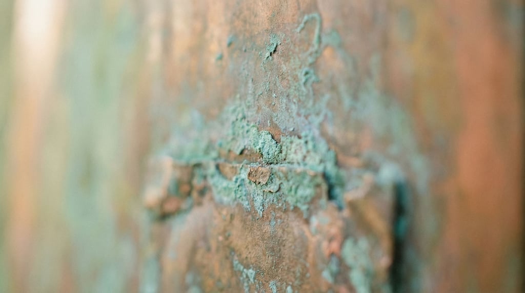 A close-up of oxidized copper surface, verdigris green against warm patina