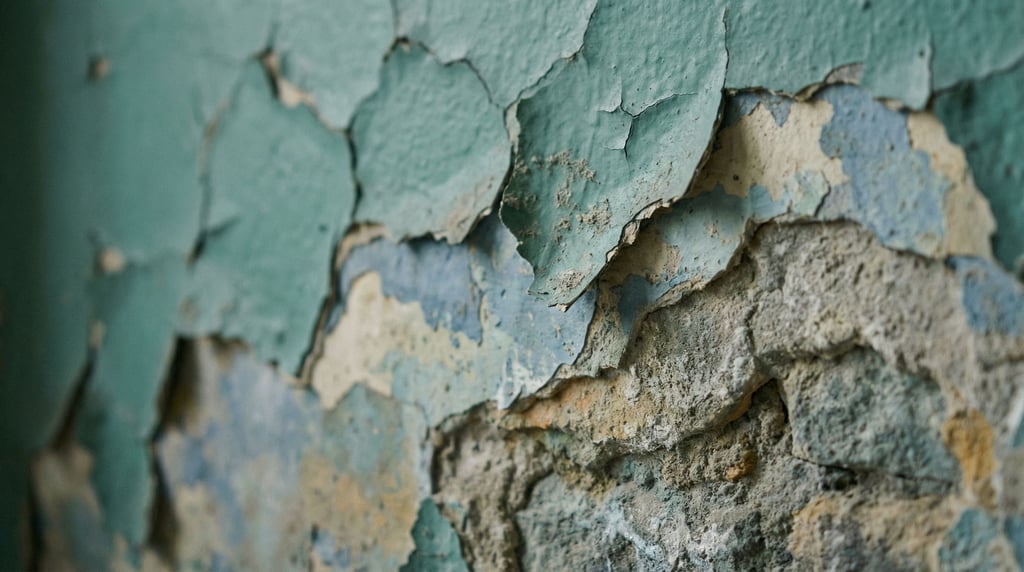 Peeling paint on a weathered wall revealing layers of color underneath, texture and decay
