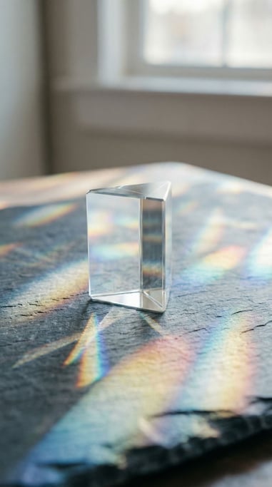 Light refracting through a crystal prism, rainbow caustics scattered across a dark surface (2vkllawj)