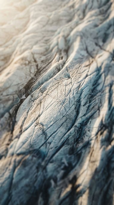Aerial view of a glacier, crevasses and blue-white ice fields, abstract patterns from above (boa3odrw)