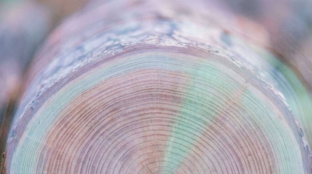 Tree rings in a cross-cut log, each ring a year, patterns of growth and drought visible (le2hqhnm)