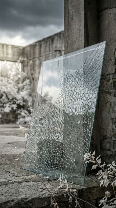 A shattered tempered glass panel, thousands of tiny cubes held together by safety film (b3zbxj3g)