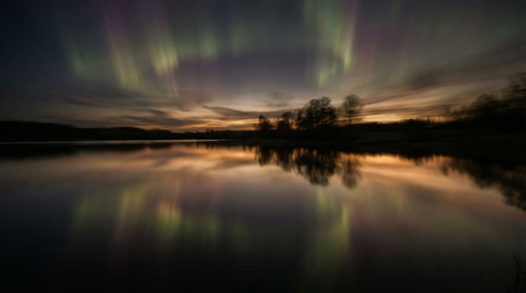 Northern lights reflected in a still lake, green and purple curtains doubled in the water (j8e1p49u)