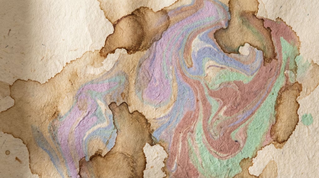 Spilled coffee creating organic stain patterns on textured paper, overhead macro view (ku4osnek)