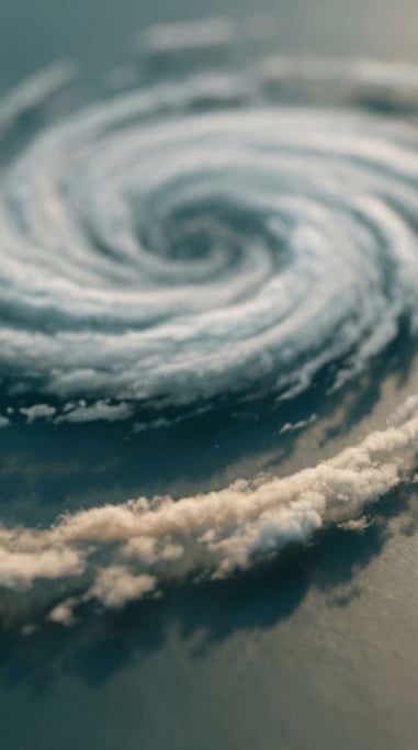Satellite image of a hurricane eye, spiral cloud bands in white against deep blue ocean
