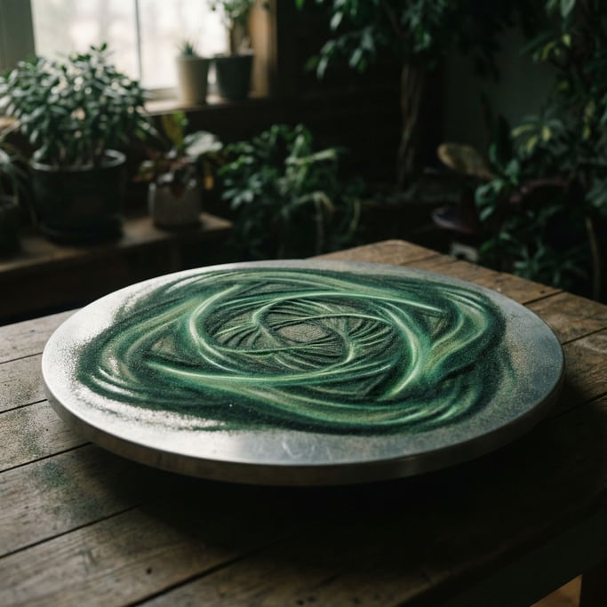Cymatics: sand vibrating on a metal plate forming geometric patterns from sound waves
