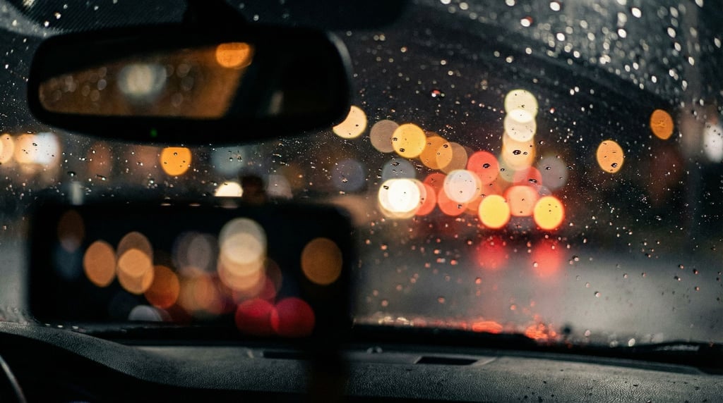 Rain on a car windshield at night, bokeh of city lights distorted through water droplets (7gxsyrae)