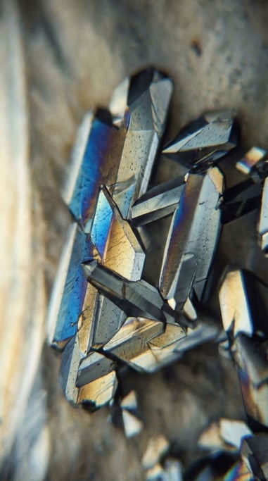 Microscope view of crystallized vitamin C, birefringent colors under polarized light (o4ezqvv9)