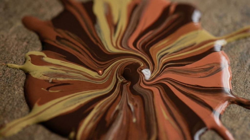 A puddle of spilled nail polish in multiple colors, swirled but not mixed, still wet (jbznp9ih)