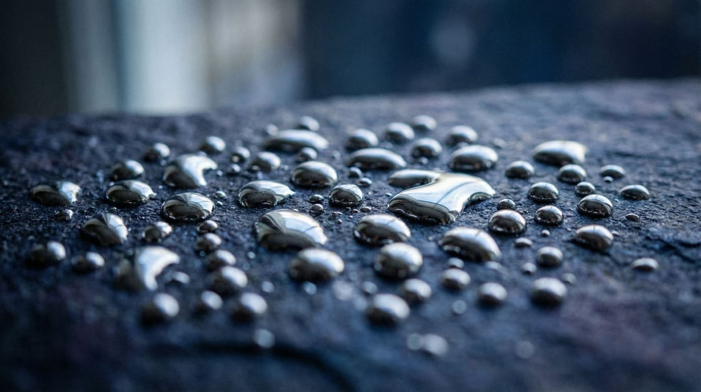 Mercury droplets on a dark surface, liquid metal reflecting cool ambient light (i3gbrund)