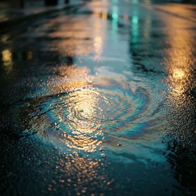Oil slick on wet asphalt, rainbow interference patterns in a thin film, urban iridescence (g8dbchvf)