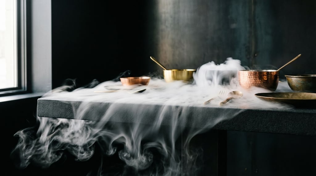 Liquid nitrogen fog pouring over a table edge, cascading white mist against a dark background (ll1ii35f)