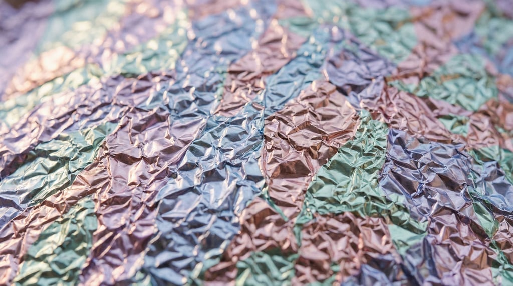 Crumpled metallic foil catching soft directional light, tiny mountains of micro-reflections (t1epun)
