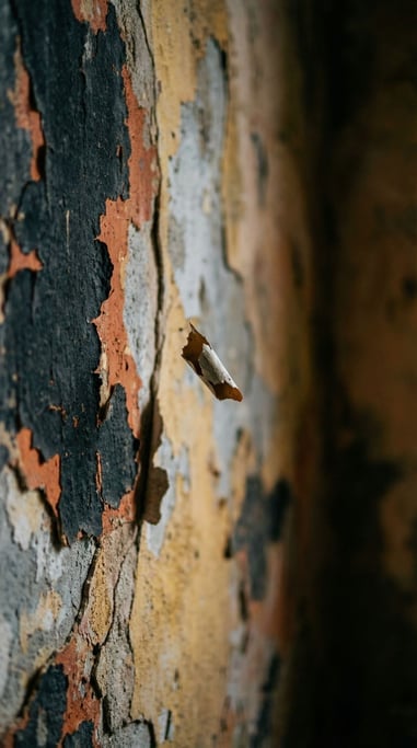 Peeling paint on a weathered wall revealing layers of color underneath, texture and decay (r38u60yg)